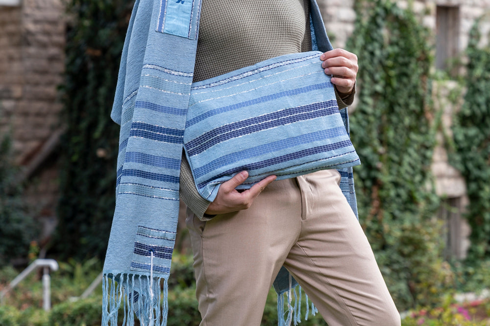 Blue and Gray Hand Woven Tallit Set