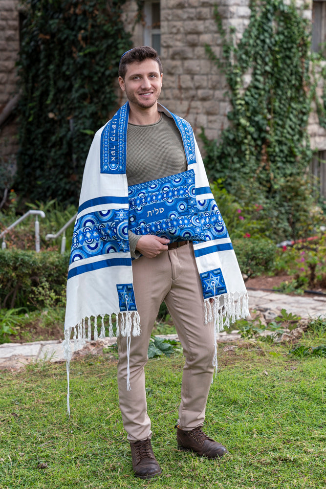 Embroidered Magen David Tallit Set - Blue Rainbows