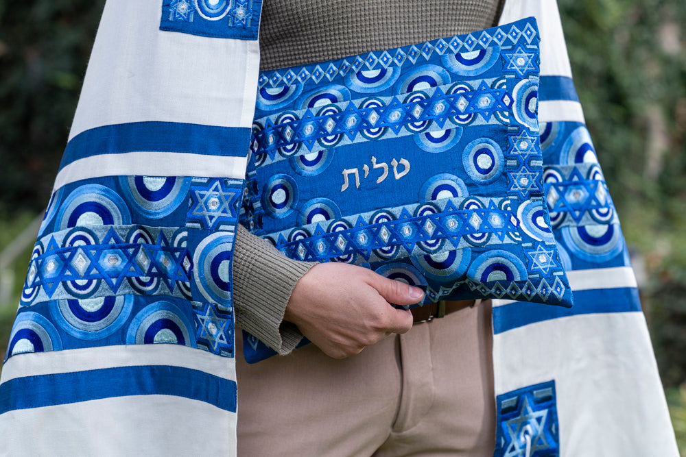 Embroidered Magen David Tallit Set - Blue Rainbows