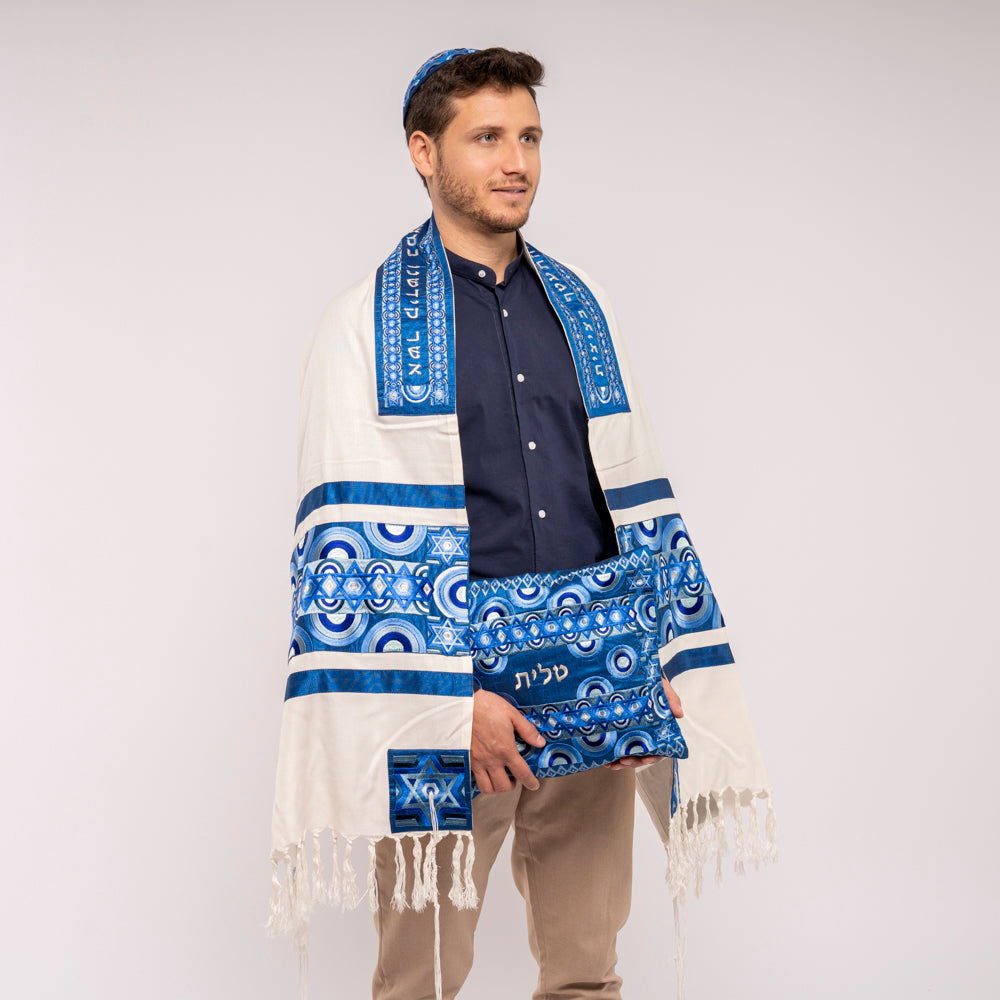 Embroidered Magen David Tallit Set - Blue Rainbows