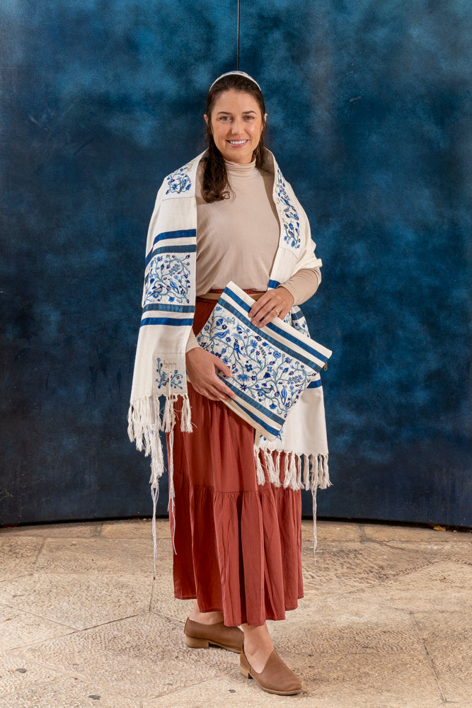 Embroidered Silk Tallit Set - Matriarchs Blue