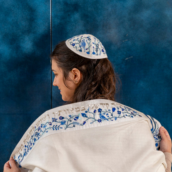 Embroidered Silk Tallit Set - Matriarchs Blue