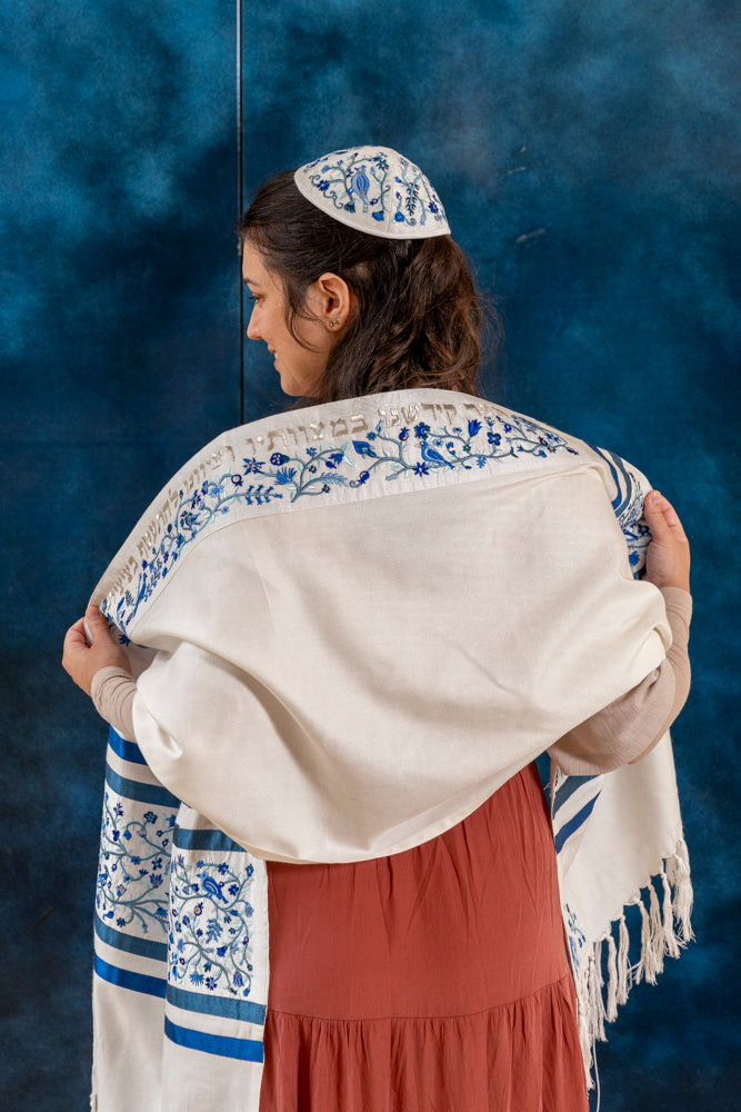 Embroidered Silk Tallit Set - Matriarchs Blue