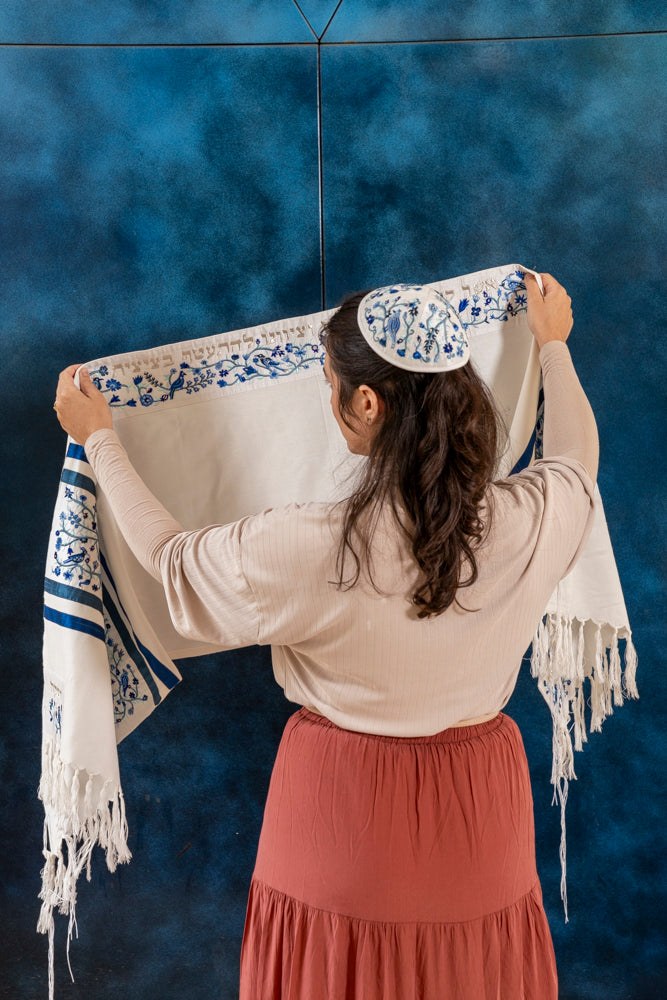 Embroidered Silk Tallit Set - Matriarchs Blue