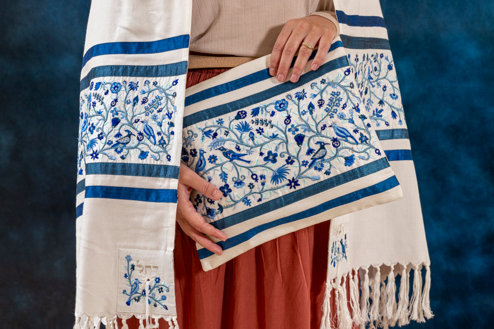 Embroidered Silk Tallit Set - Matriarchs Blue