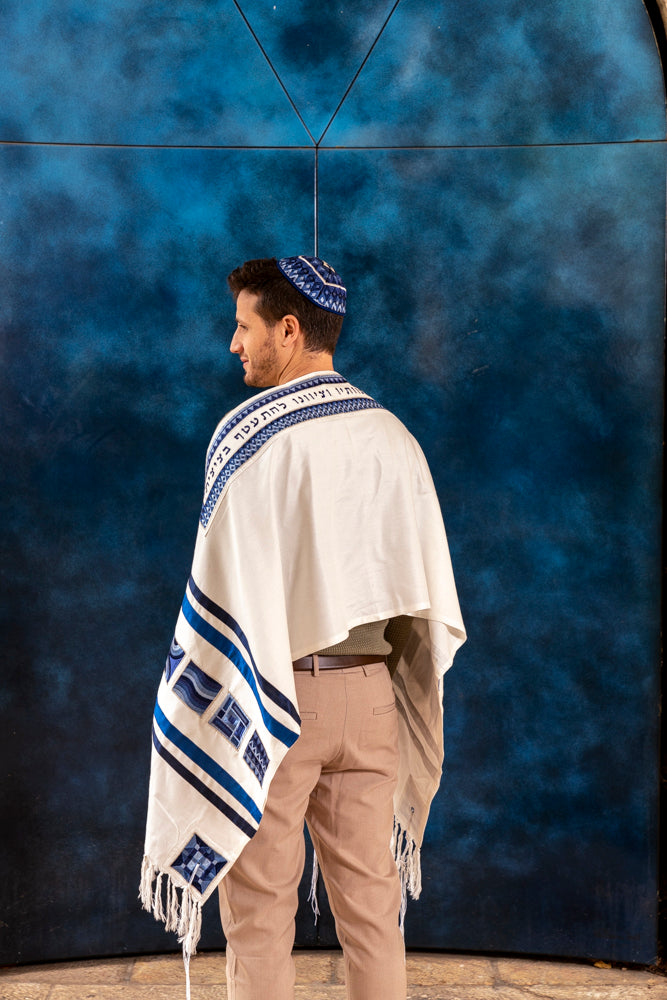 Silk Embroidered Tallit Set - Geometric Square Design - Blue