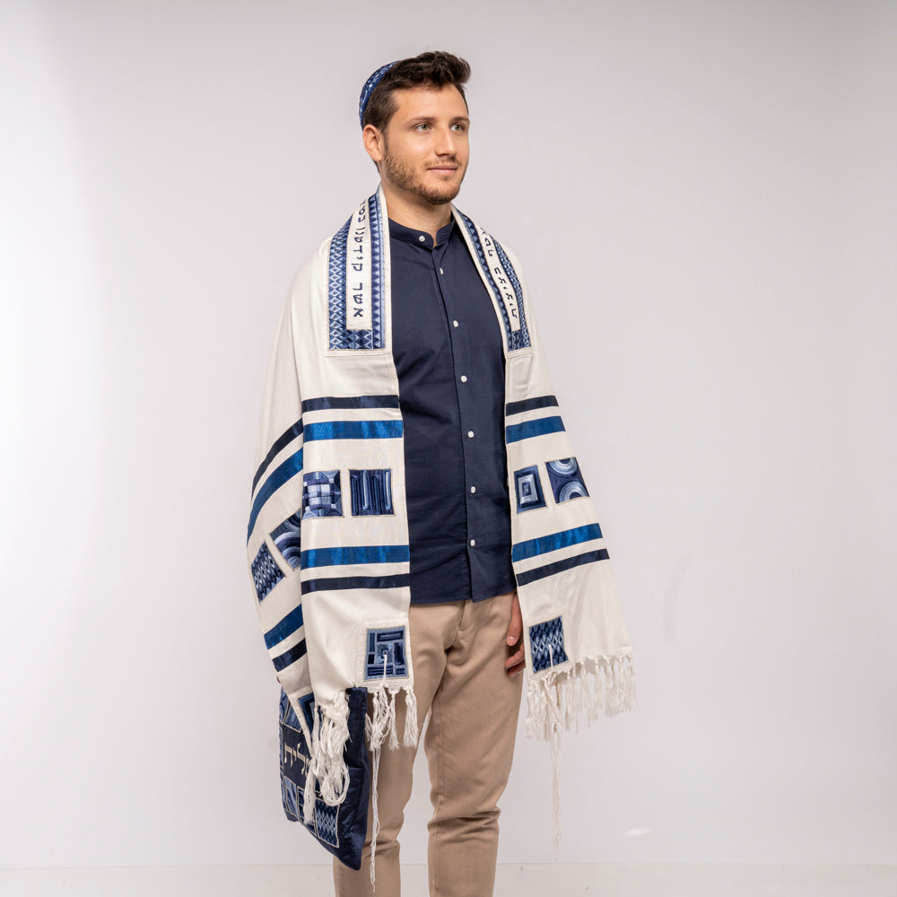 Silk Embroidered Tallit Set - Geometric Square Design - Blue