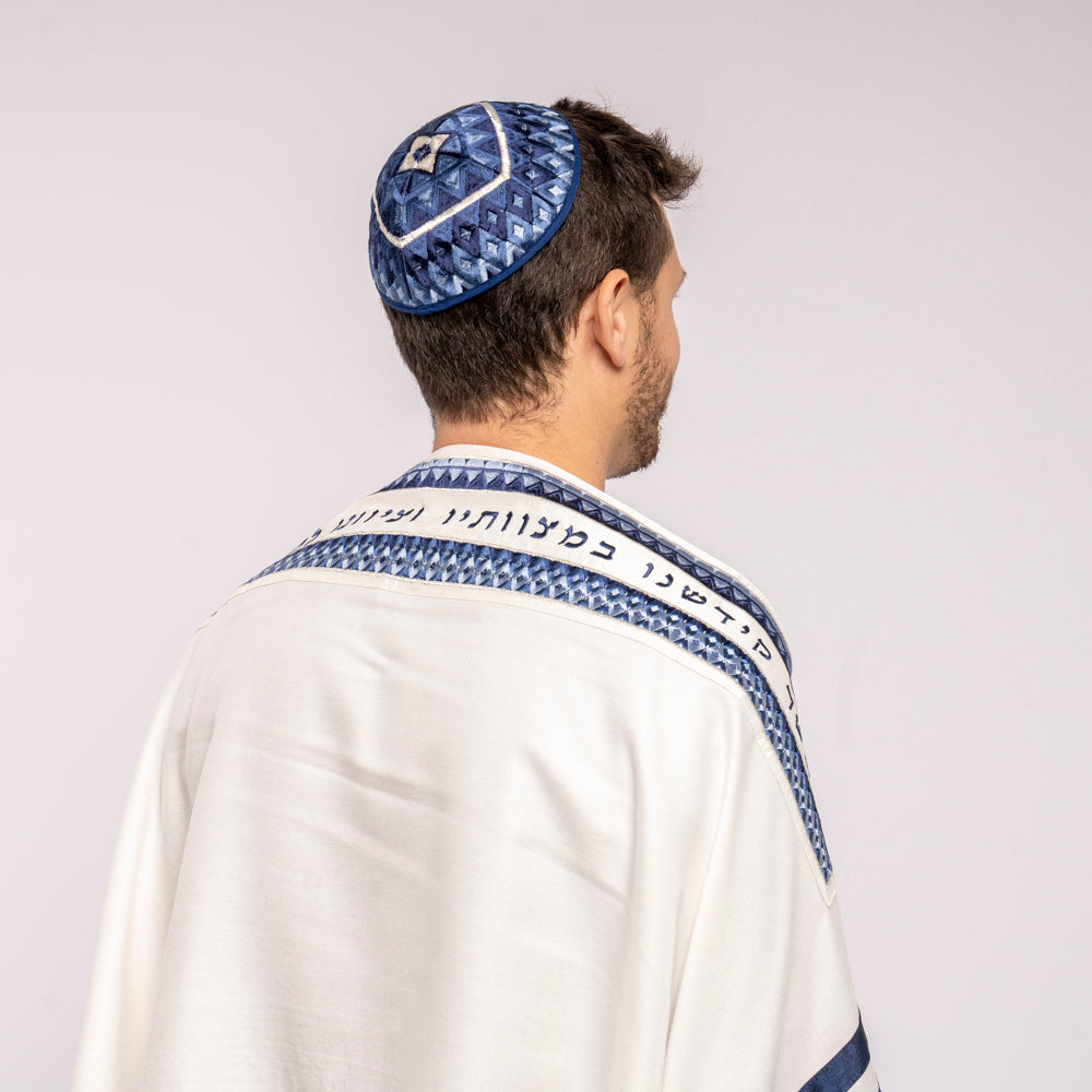 Silk Embroidered Tallit Set - Geometric Square Design - Blue