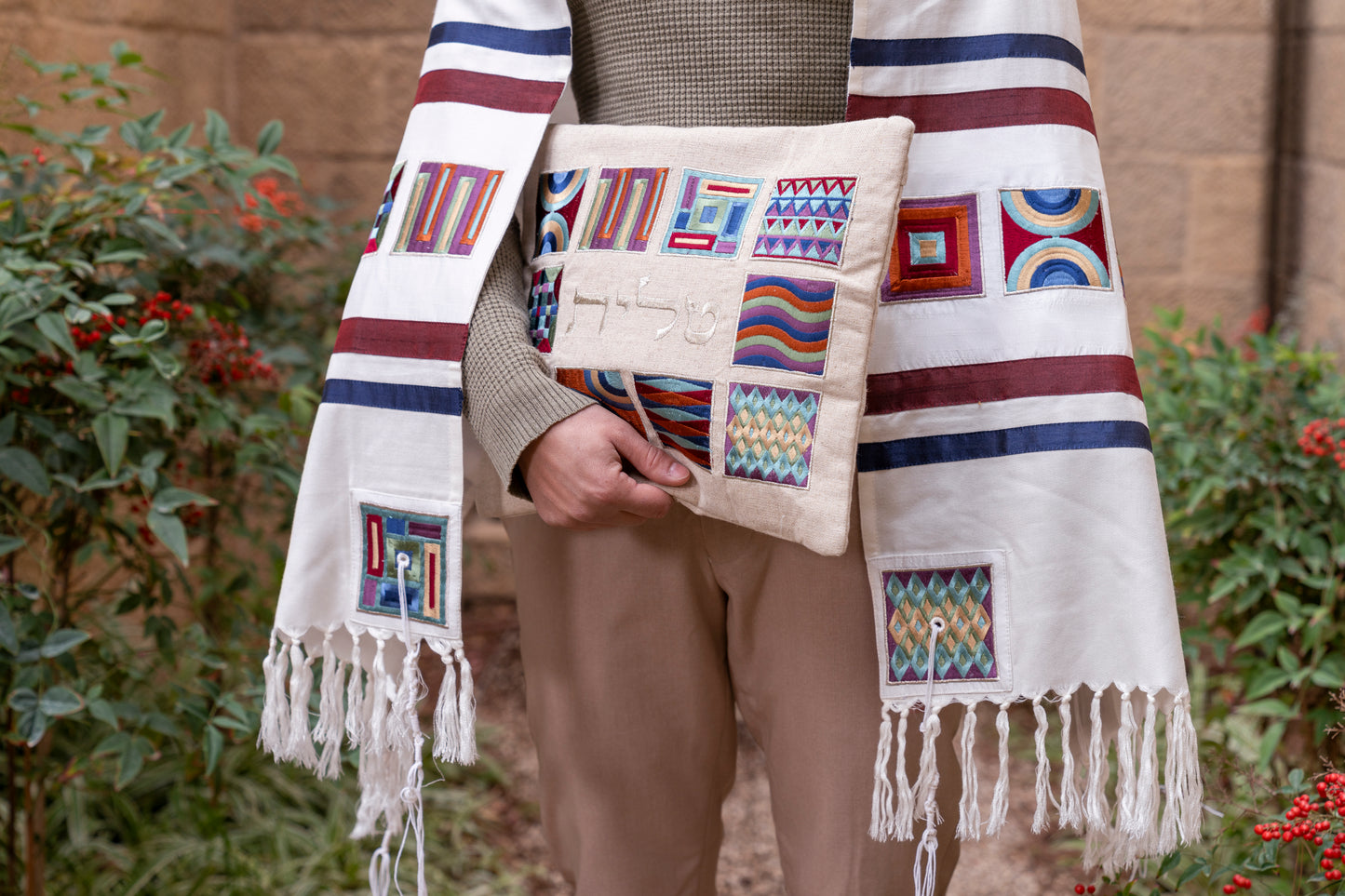 Silk Embroidered Tallit Bag – Multicolored Geometric Design
