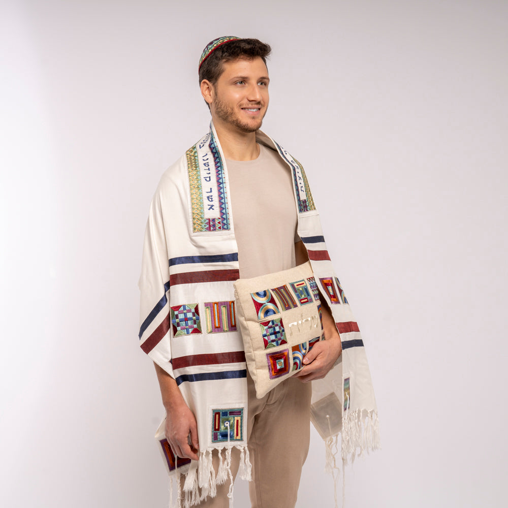 Silk Embroidered Tallit Set - Geometric Square Design