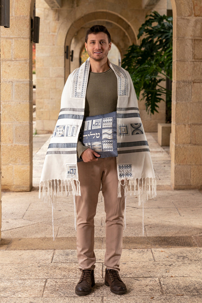 Silk Embroidered Tallit Set - Silver Geometric Square Design