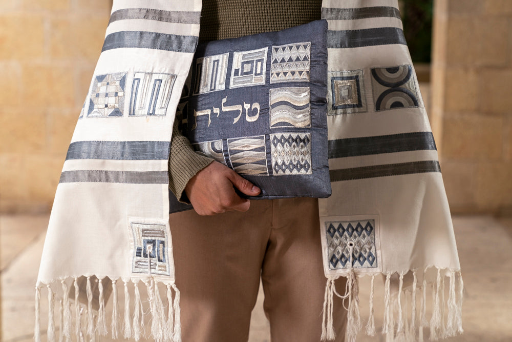Silk Embroidered Tallit Bag – Silver Geometric Design