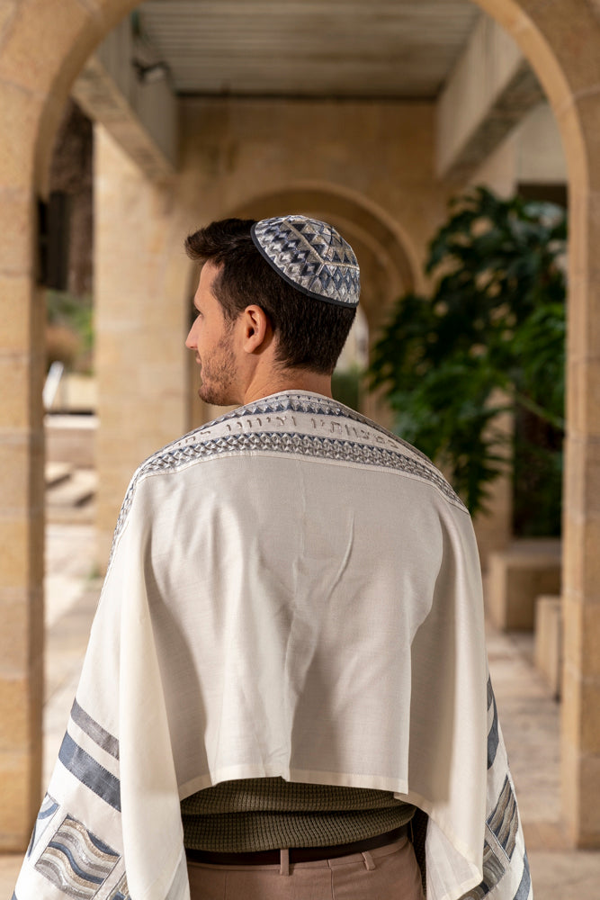 Silk Embroidered Tallit Set - Silver Geometric Square Design