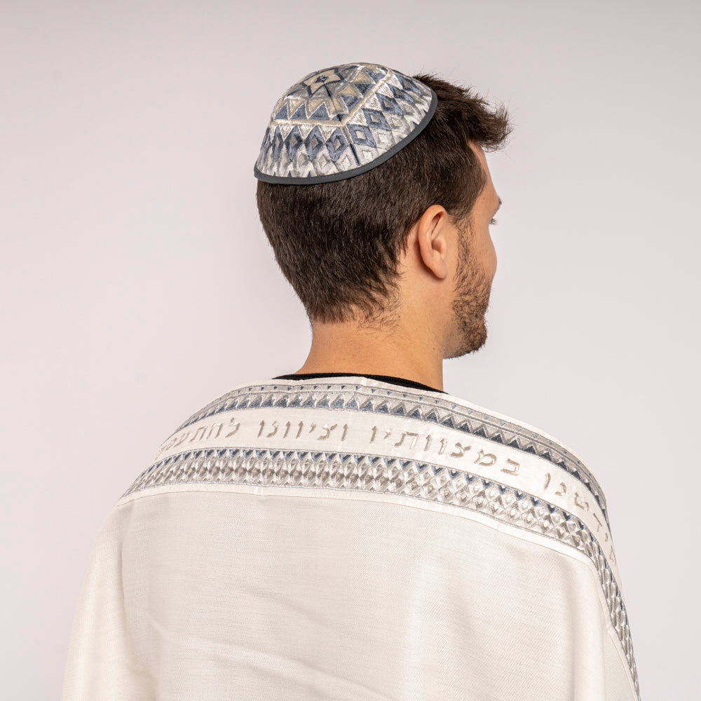 Silk Embroidered Tallit Set - Silver Geometric Square Design