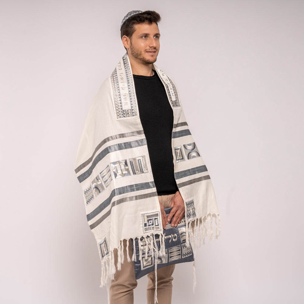 Silk Embroidered Tallit Set - Silver Geometric Square Design