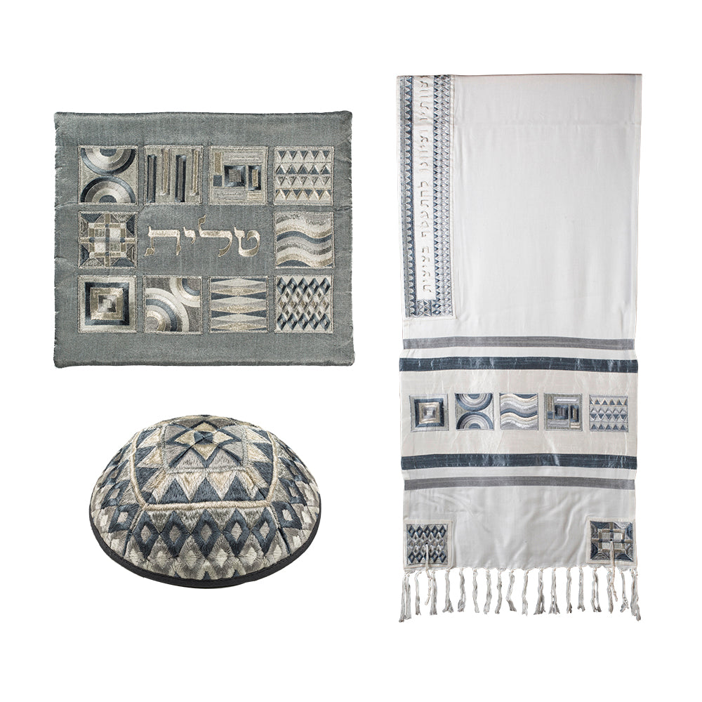Silk Embroidered Tallit Set - Silver Geometric Square Design