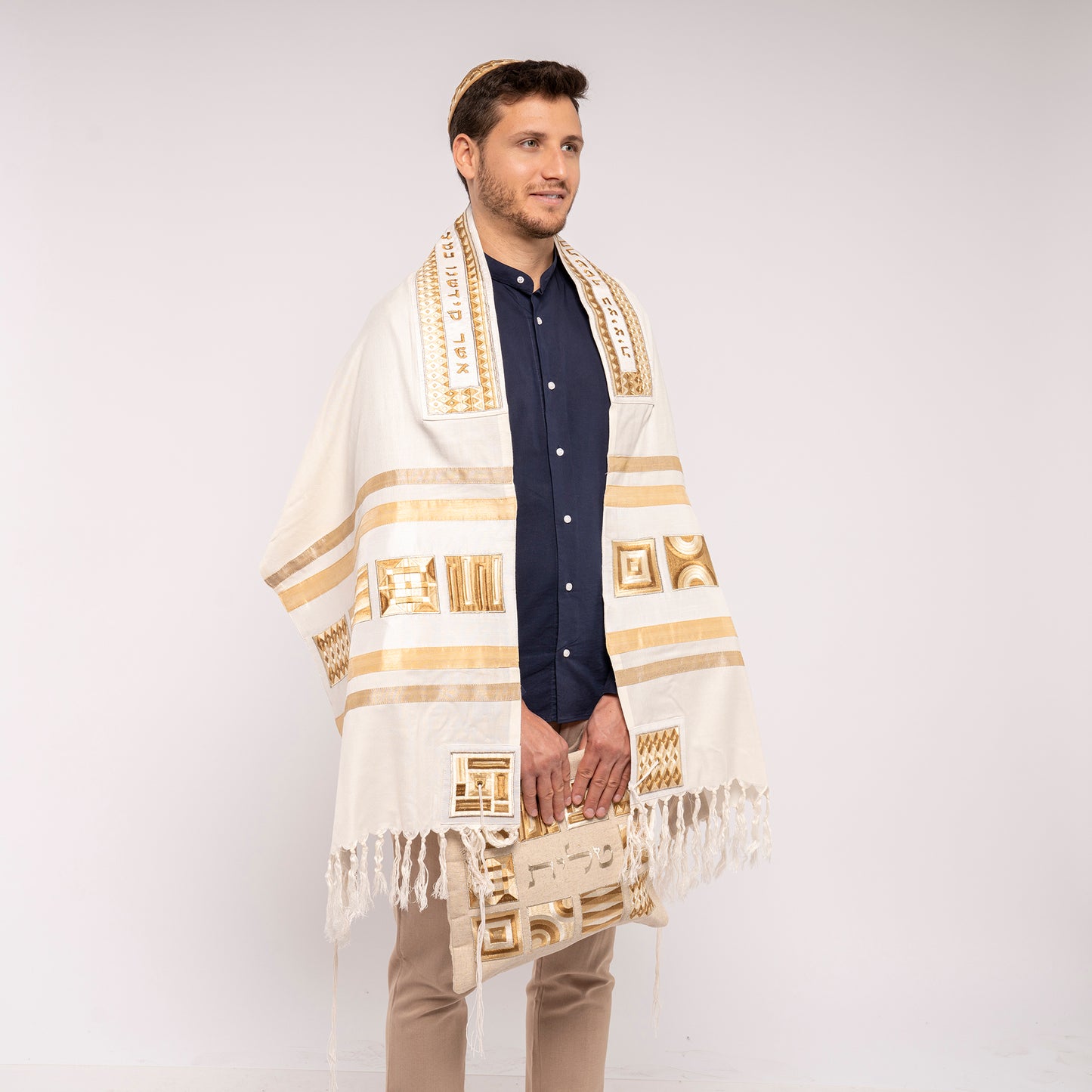Silk Embroidered Tallit Set - Gold Geometric Square Design