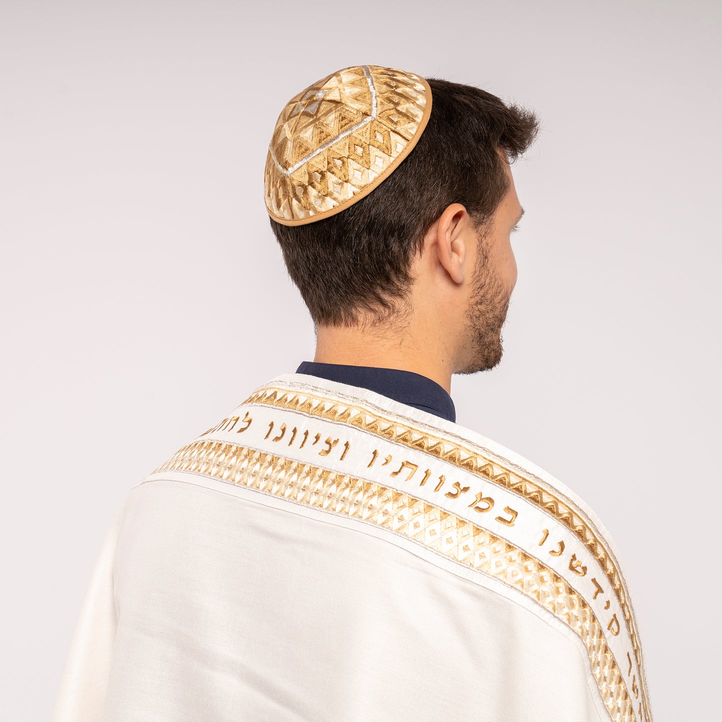 Silk Embroidered Tallit Set - Gold Geometric Square Design