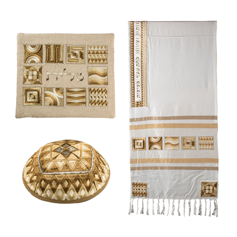 Silk Embroidered Tallit Set - Gold Geometric Square Design