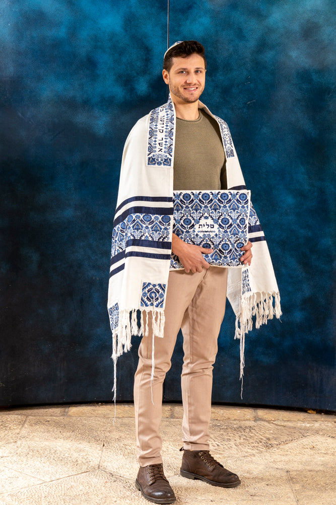 Silk Embroidered Tallit Set - Blue Oriental Pattern