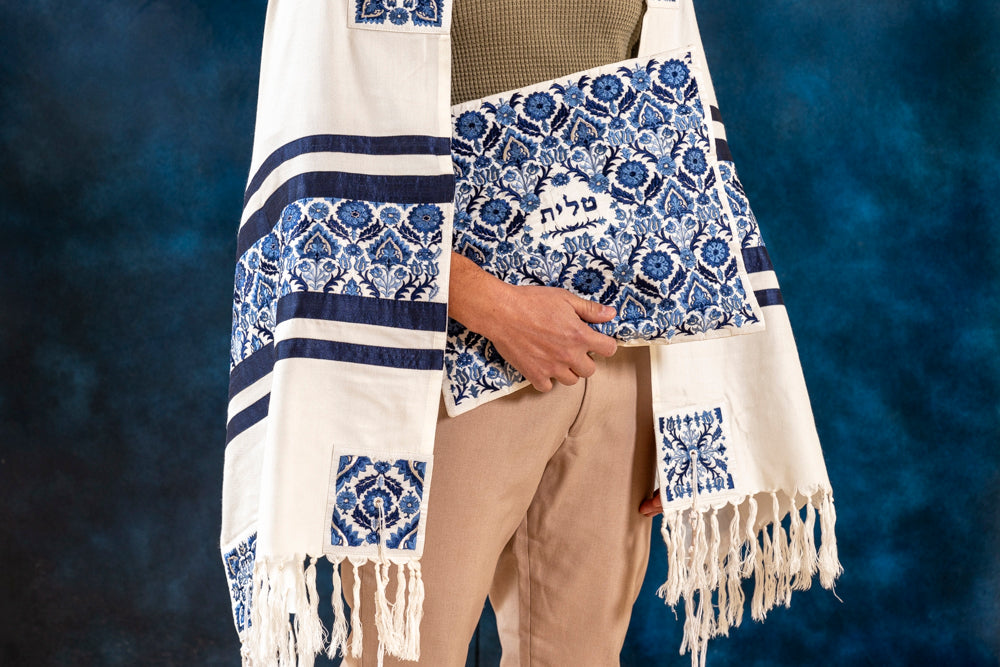 Silk Embroidered Tallit Set - Blue Oriental Pattern