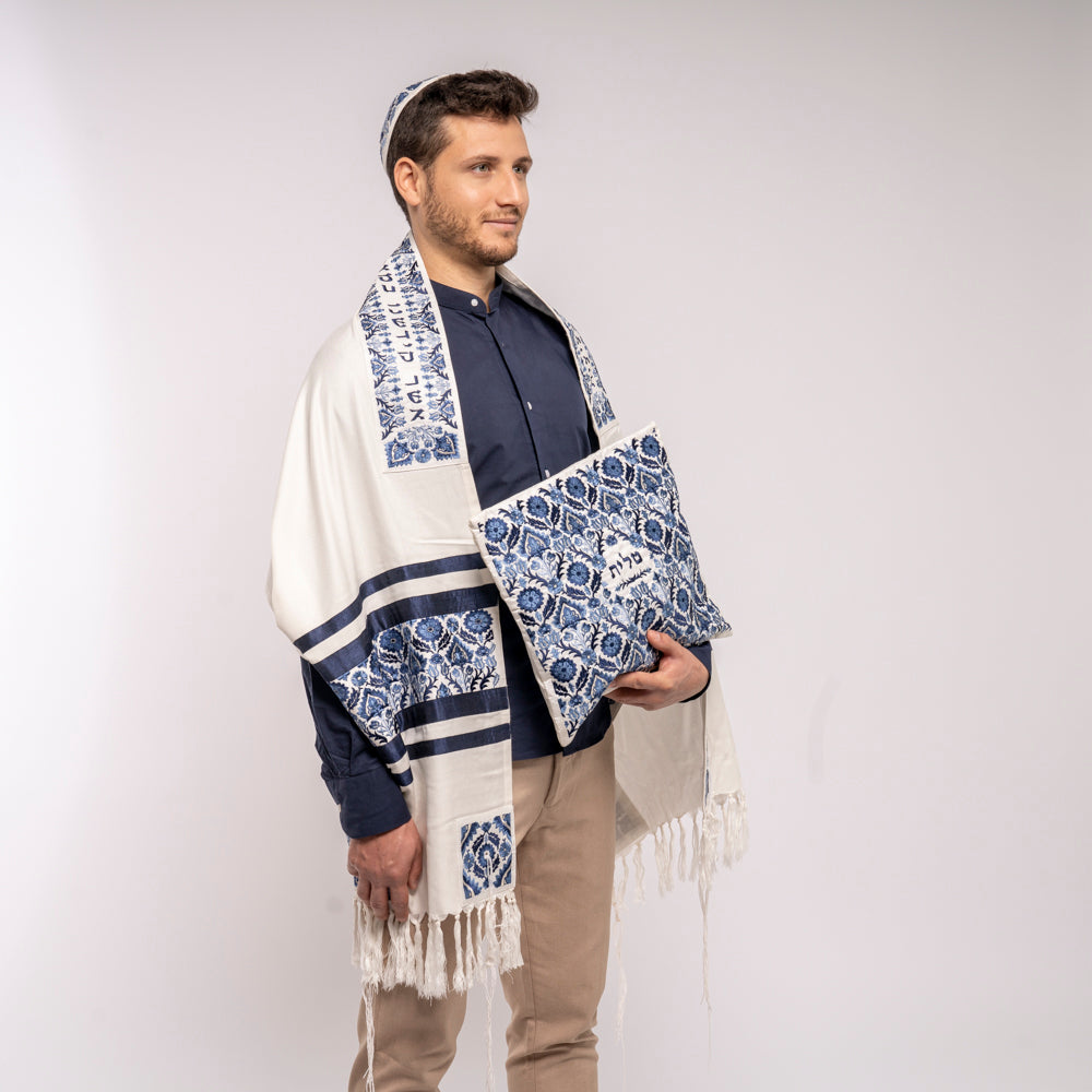 Silk Embroidered Tallit Set - Blue Oriental Pattern