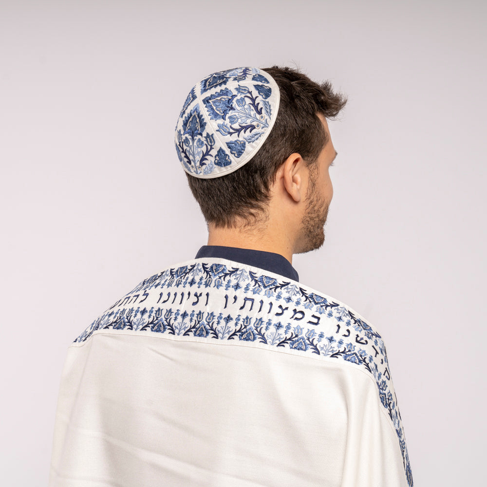 Silk Embroidered Tallit Set - Blue Oriental Pattern