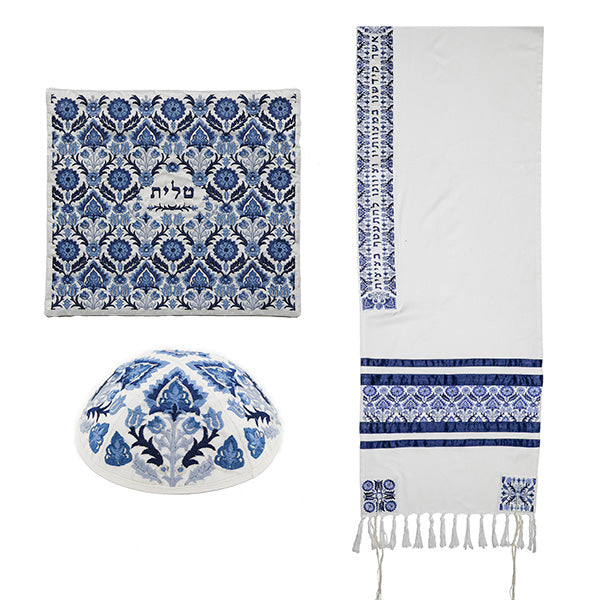 Silk Embroidered Tallit Set - Blue Oriental Pattern