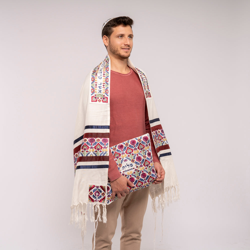 Silk Embroidered Tallit Set - Multicolored Oriental Pattern