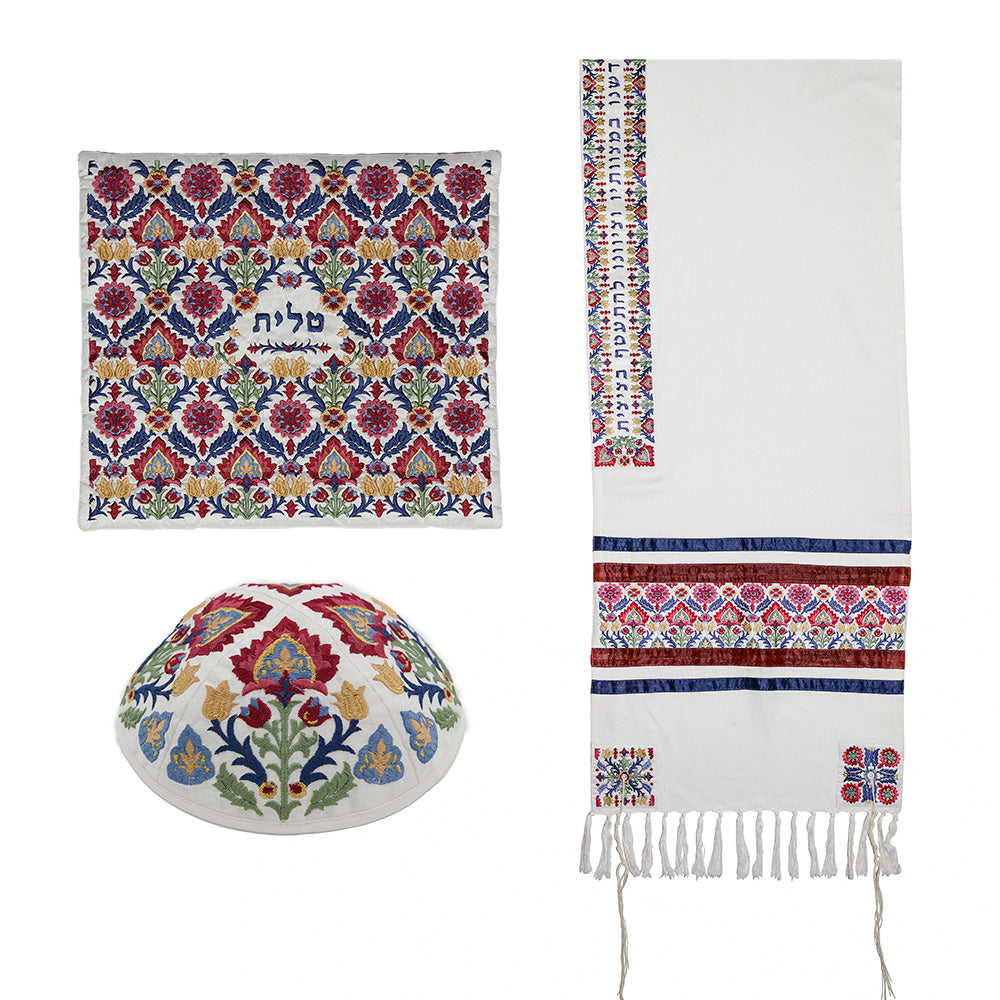 Silk Embroidered Tallit Set - Blue Oriental Pattern