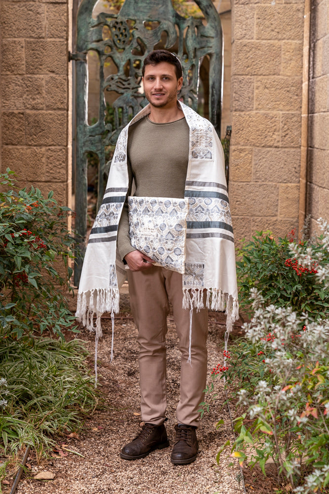 Silk Embroidered Tallit Set - Silver Oriental Pattern