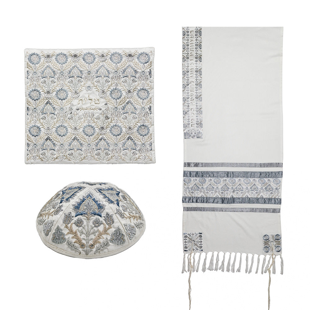 Silk Embroidered Tallit Set - Blue Oriental Pattern