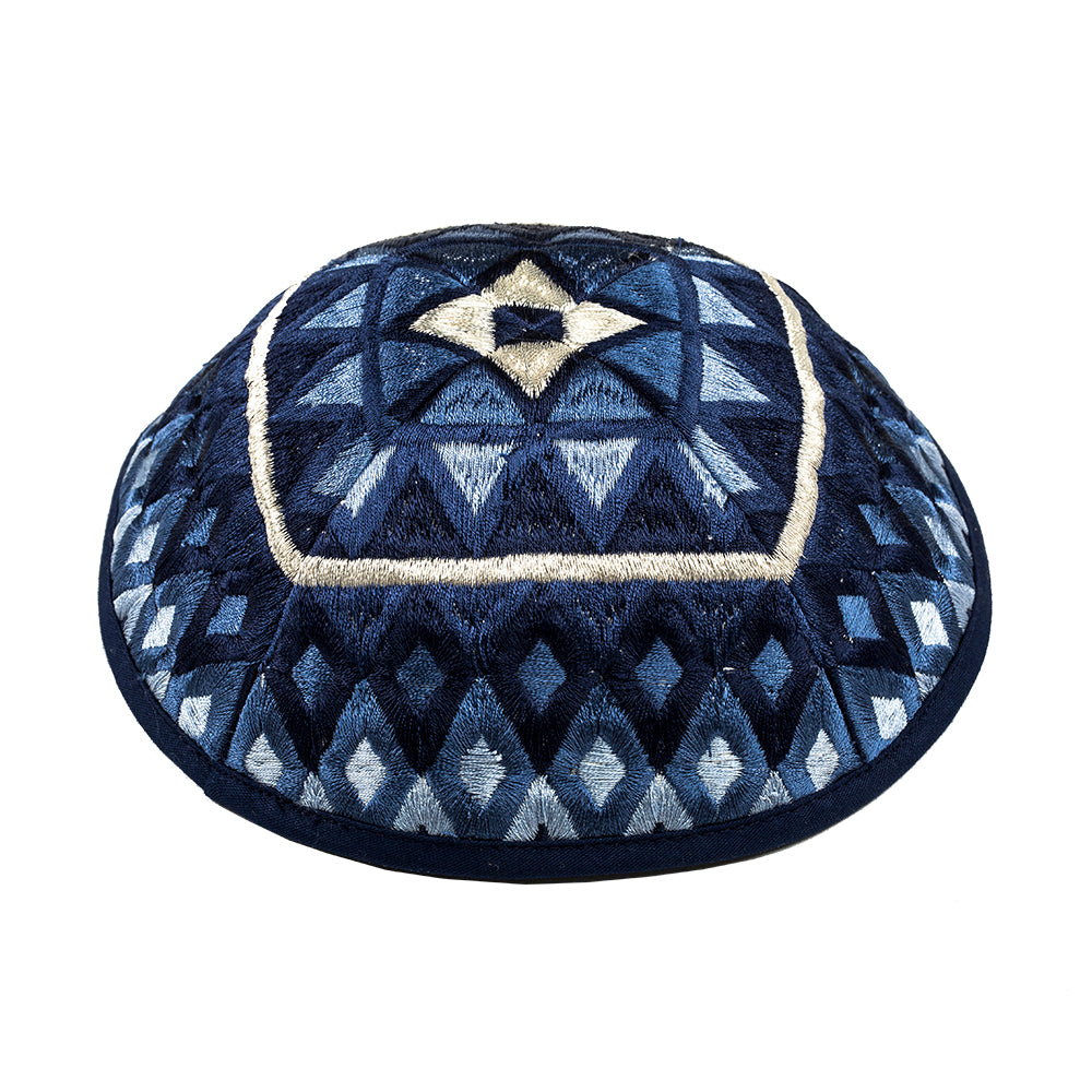 Silk Embroidered Tallit Set - Geometric Square Design - Blue