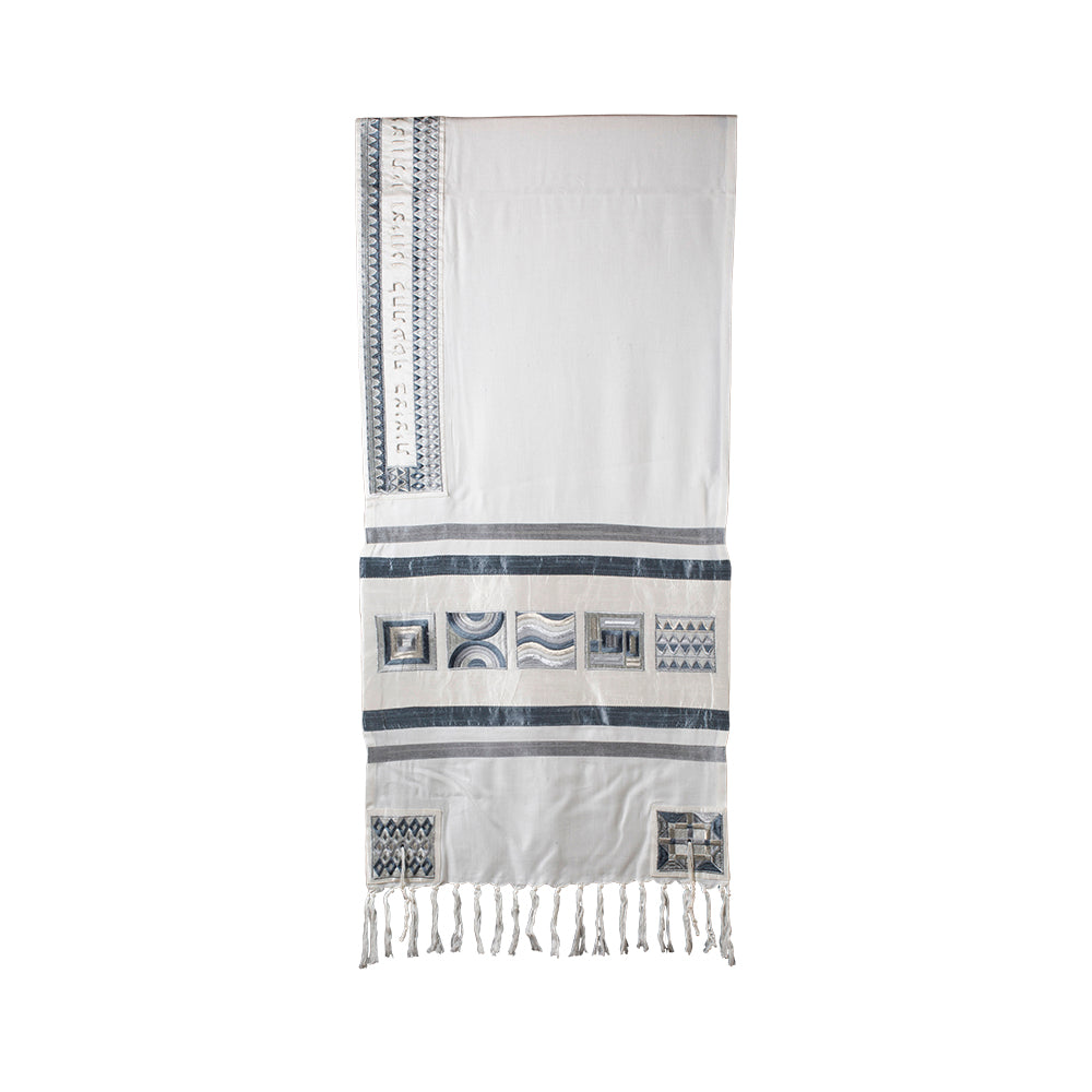 Silk Embroidered Tallit Set - Silver Geometric Square Design