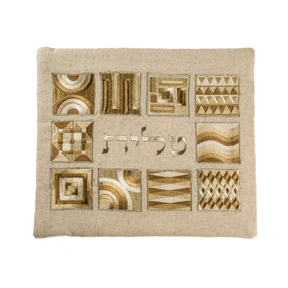 Silk Embroidered Tallit Set - Gold Geometric Square Design