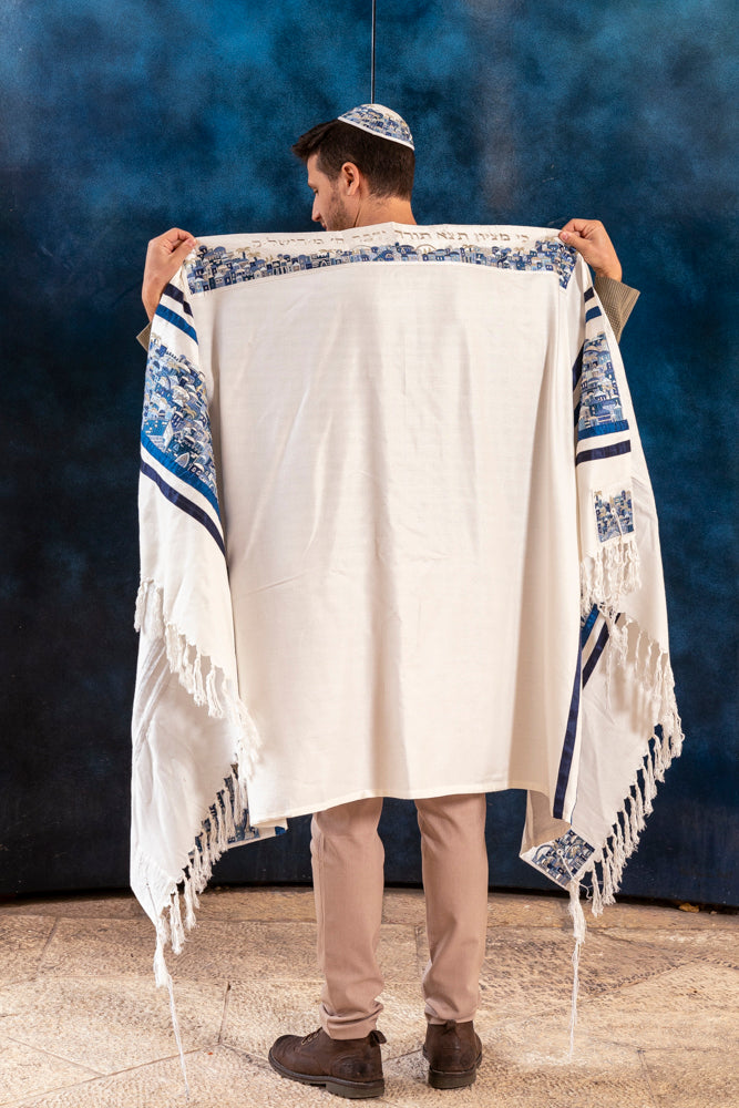 Luxurious Large Jerusalem Embroidered Tallit Set - Blue