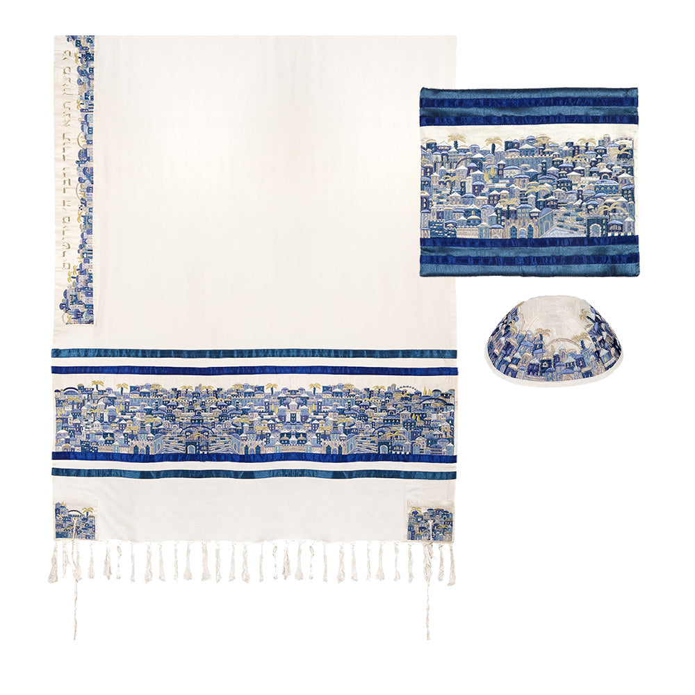 Luxurious Large Jerusalem Embroidered Tallit Set - Blue - 41x72