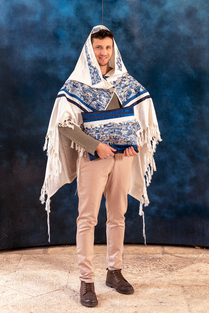 Luxurious Large Jerusalem Embroidered Tallit Set - Blue