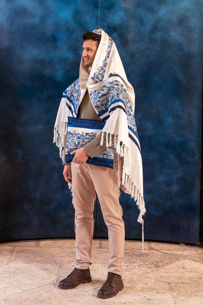 Luxurious Large Jerusalem Embroidered Tallit Set - Blue