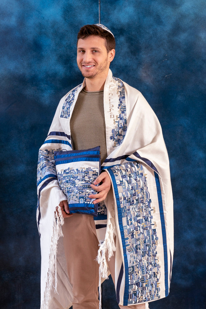 Luxurious Large Jerusalem Embroidered Tallit Set - Blue