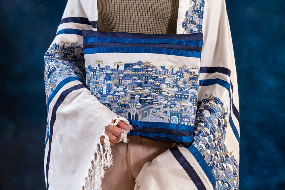 Luxurious Large Jerusalem Embroidered Tallit Set - Blue