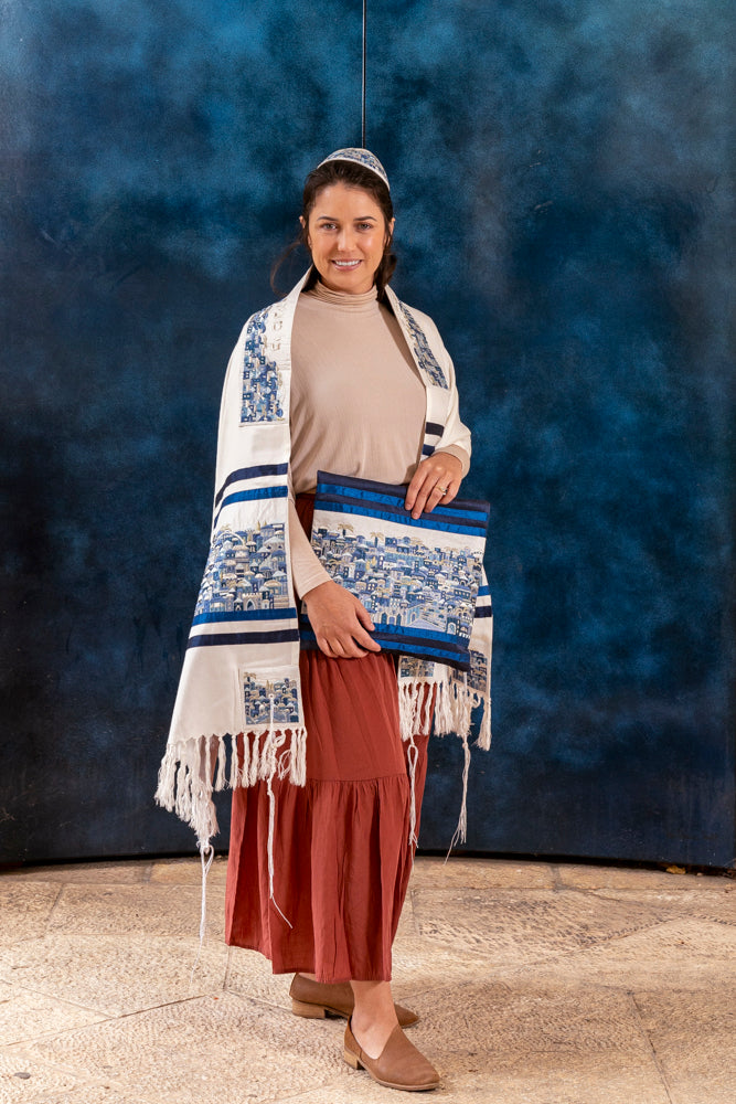 Luxurious Jerusalem Embroidered Tallit Set - Blue