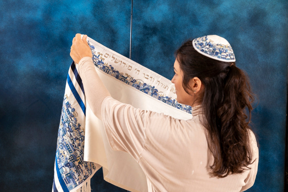 Luxurious Jerusalem Embroidered Tallit Set - Blue