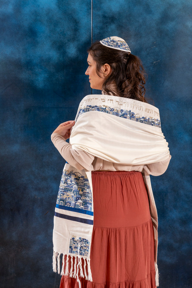 Luxurious Jerusalem Embroidered Tallit Set - Blue