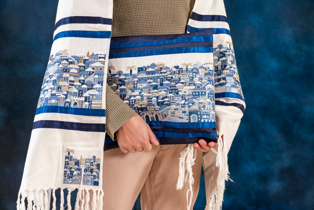 Luxurious Jerusalem Embroidered Tallit Set - Blue