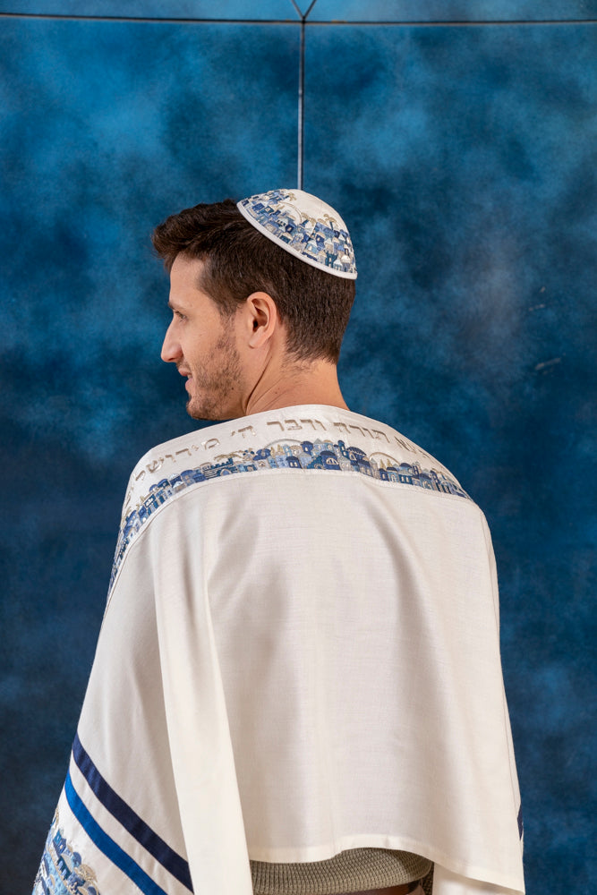 Luxurious Jerusalem Embroidered Tallit Set - Blue