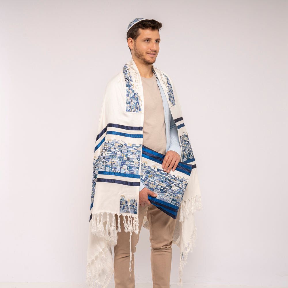 Luxurious Jerusalem Embroidered Tallit Set - Blue