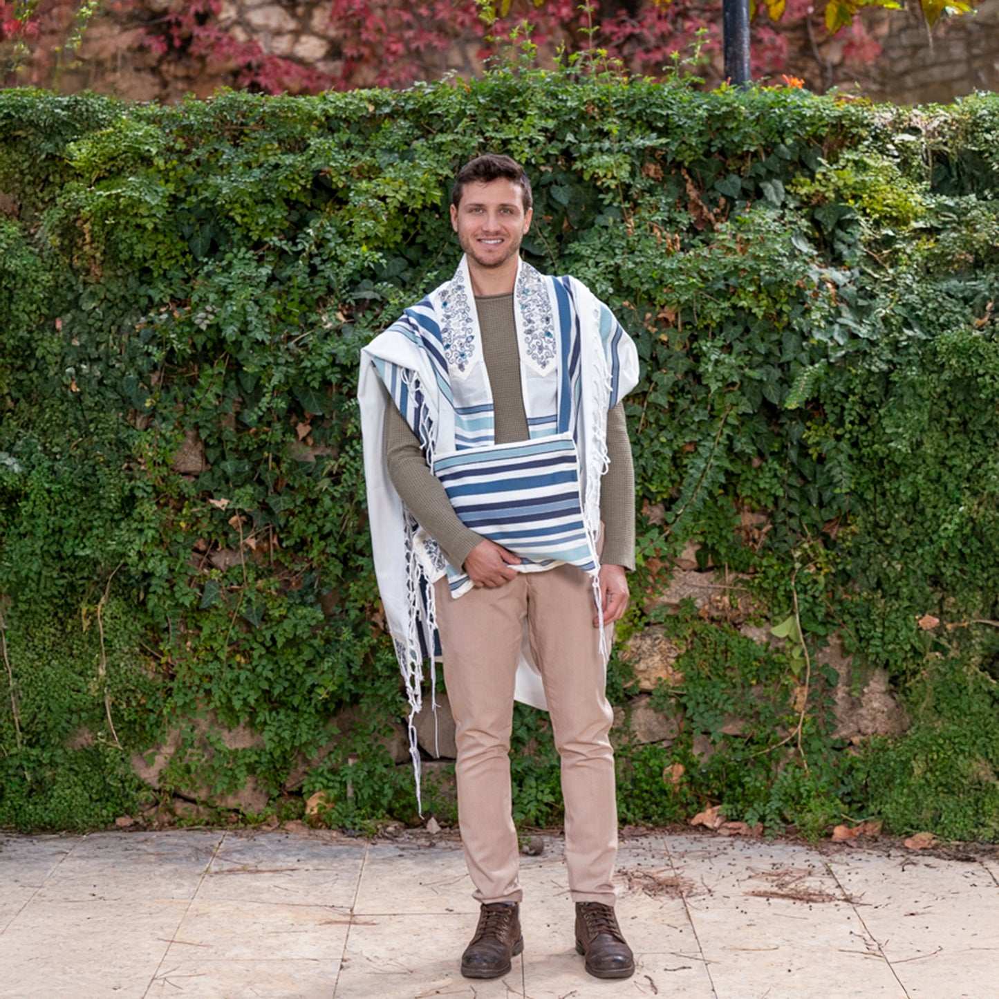 Modern Stripe Tallit Set with Silk Embroidered Atara Large 57 inch
