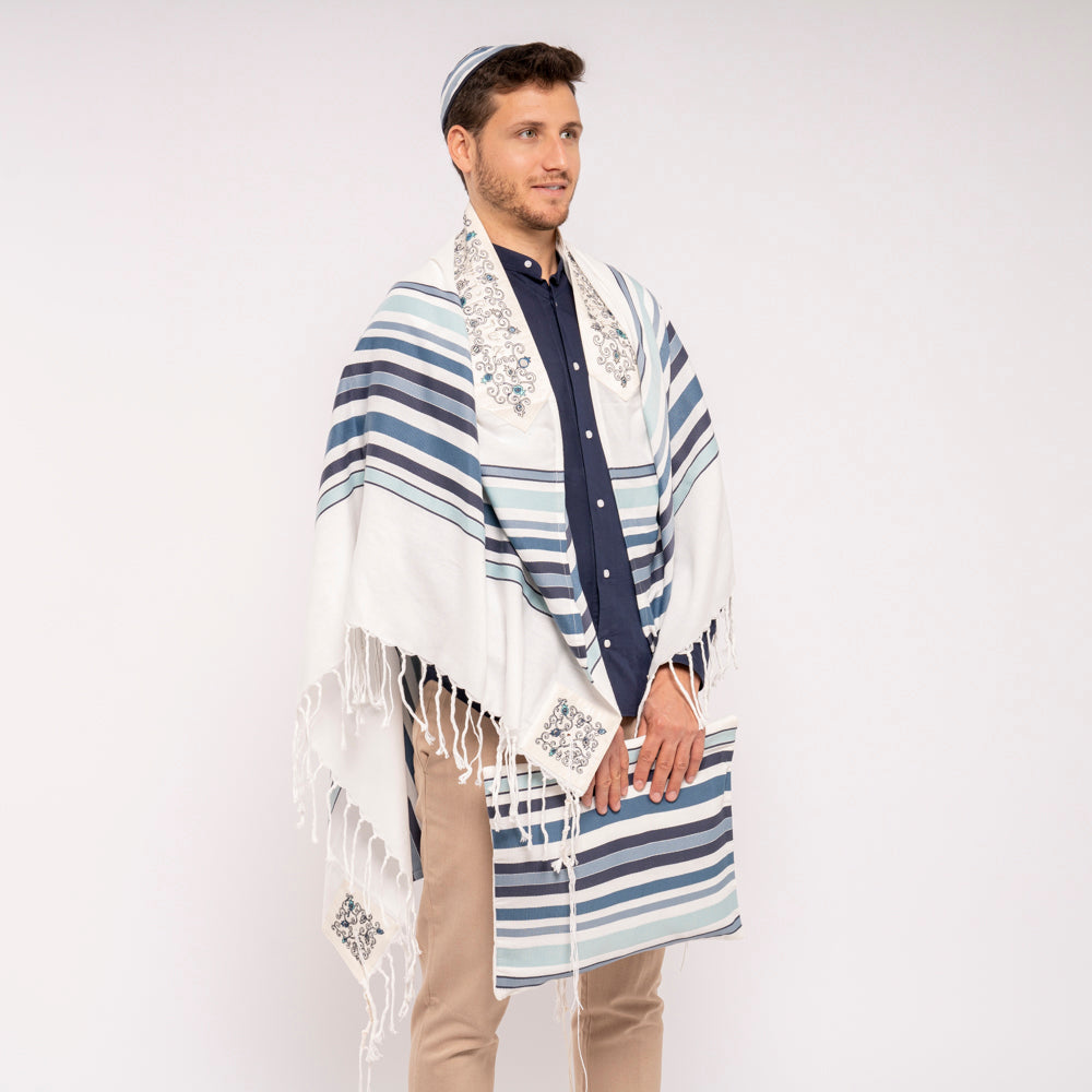Modern Stripe Tallit Set with Silk Embroidered Atara Large 57 inch