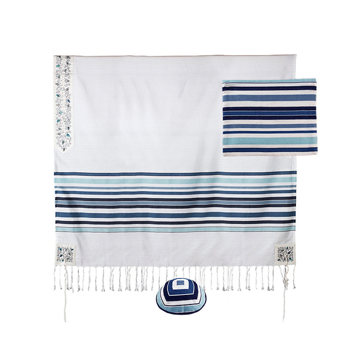 Modern Stripe Tallit Set with Silk Embroidered Atara Large 57 inch